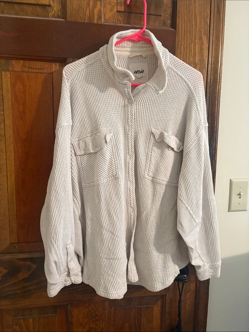aerie cream Waffle-Knit Button Front Shacket